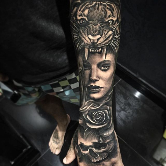 girl tiger tattoo on arm