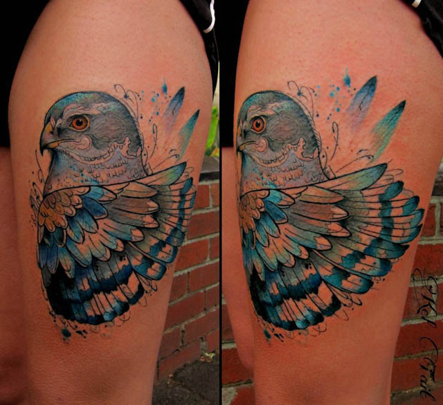 thigh blue hawk tattoo watercolor