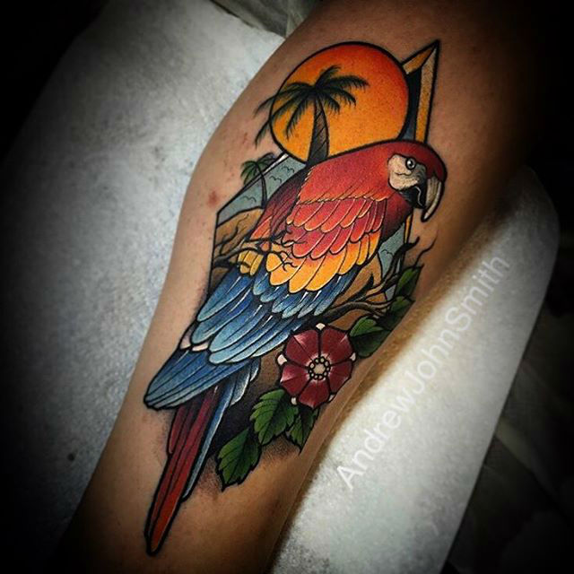 tropical parrot tattoo