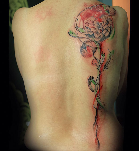 flower peony tattoo on back