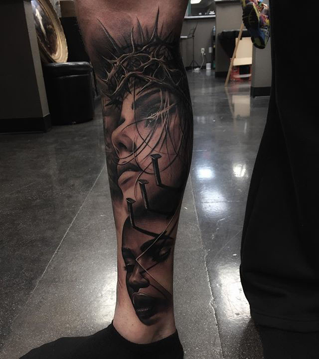 realistic Chicano tattoo on leg