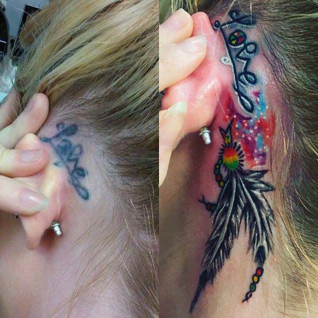 Feather Cover-Up Tattoo Behind Ear