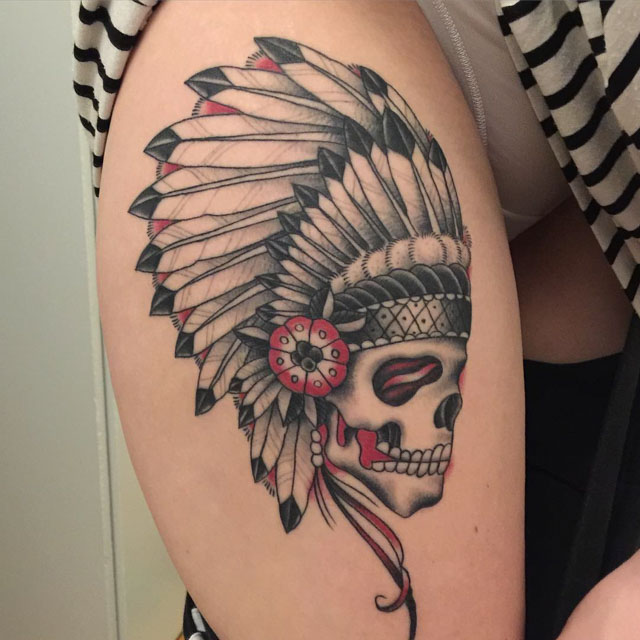 Feather Skull Indian Tattoo by jamesdavis713