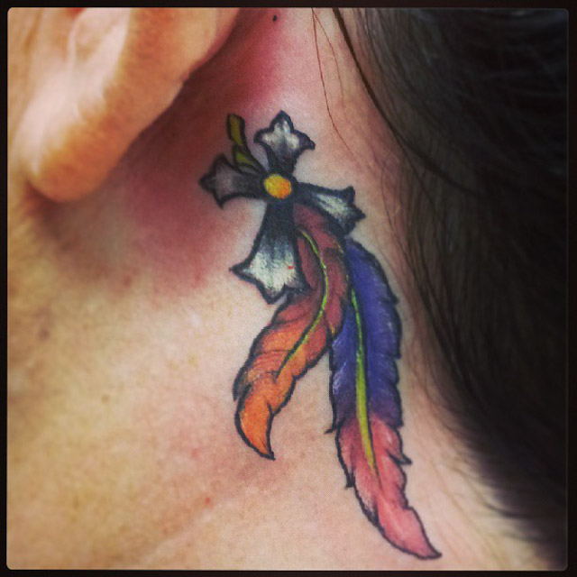 Feather and cross Tattoo Behind The Ear