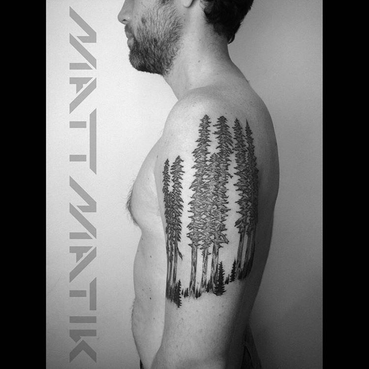 pine trees tattoo forest on shoulder