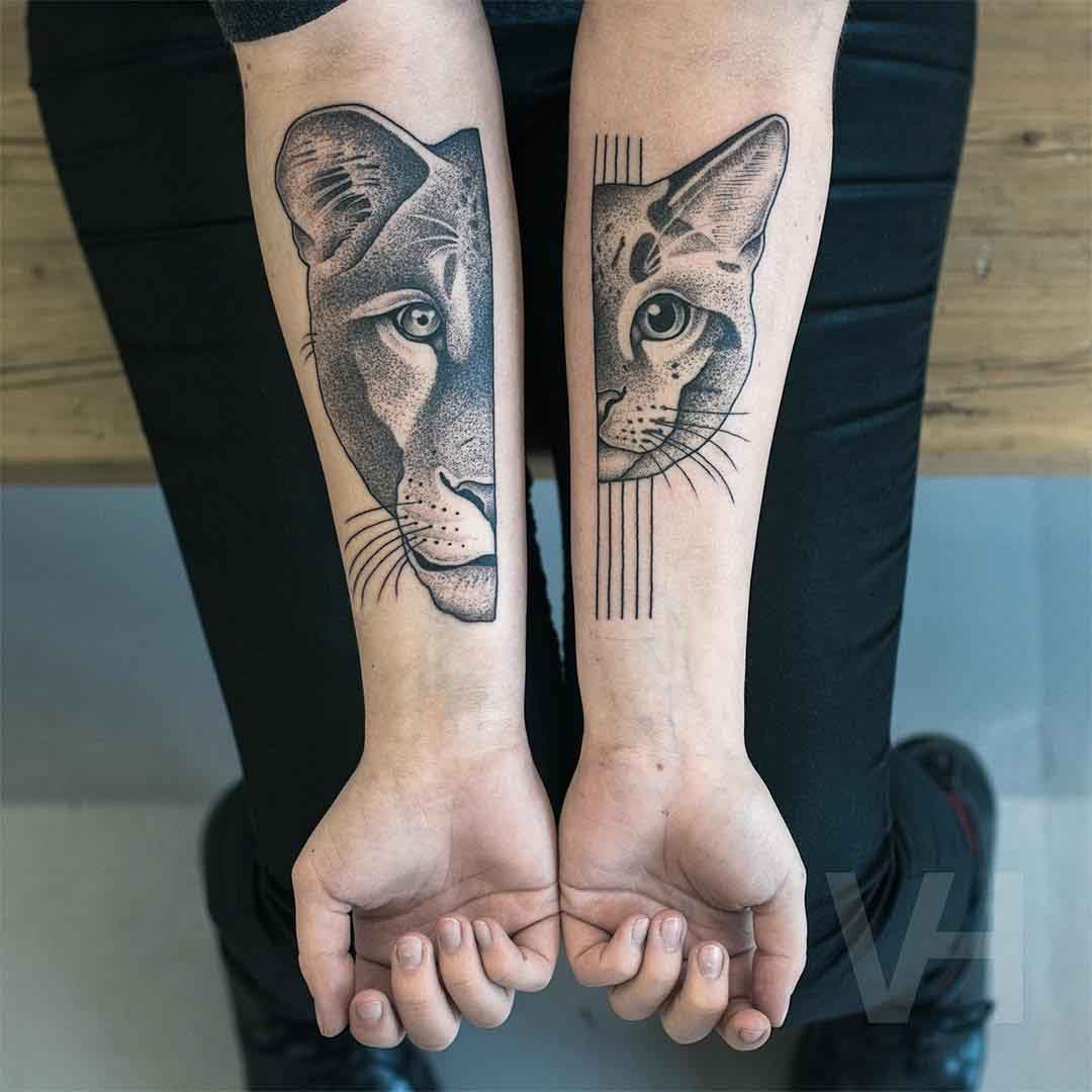 lion cat tattoos on forearms
