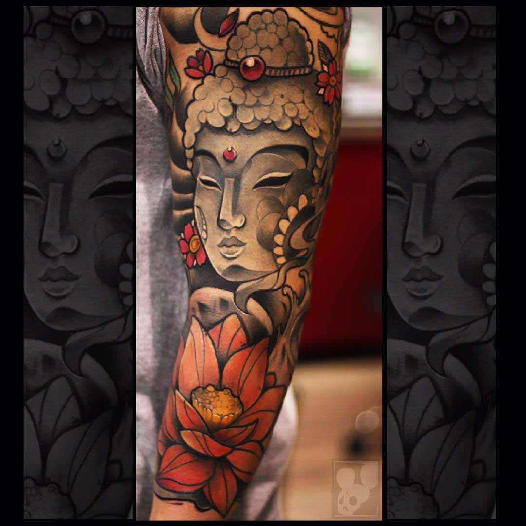 Buddha tattoo sleeve on arm