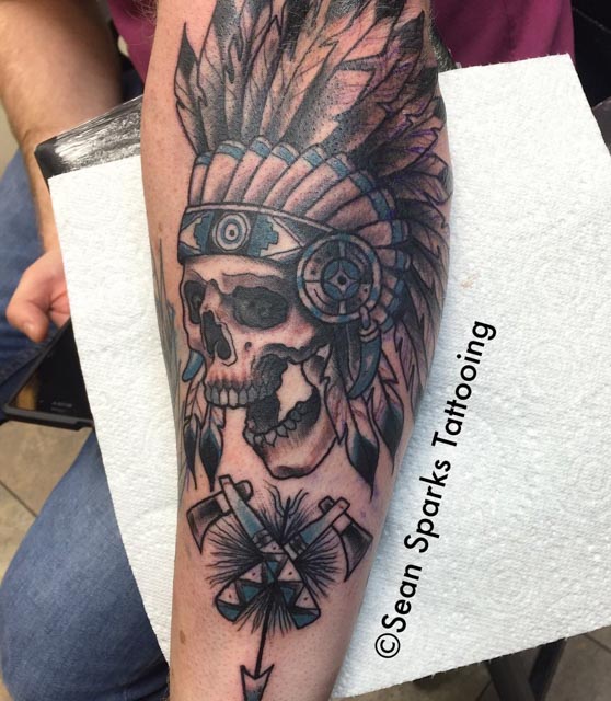 Skull and Axes Indian Tattoo by SeanSparksElectricTattooing