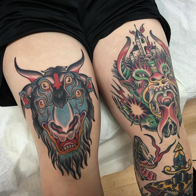 Traditional Knee Tattoos by Carlos Ulmanis