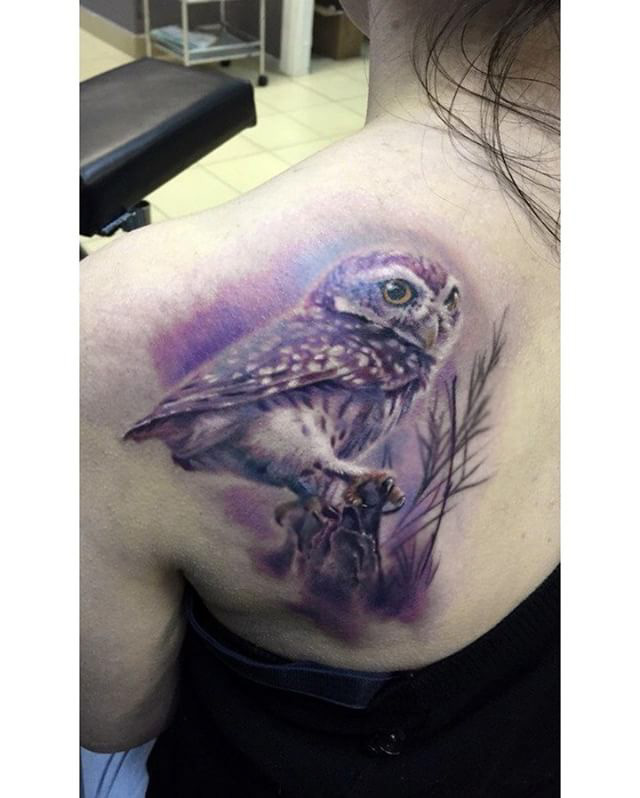 shoulder blade owl tattoo purple