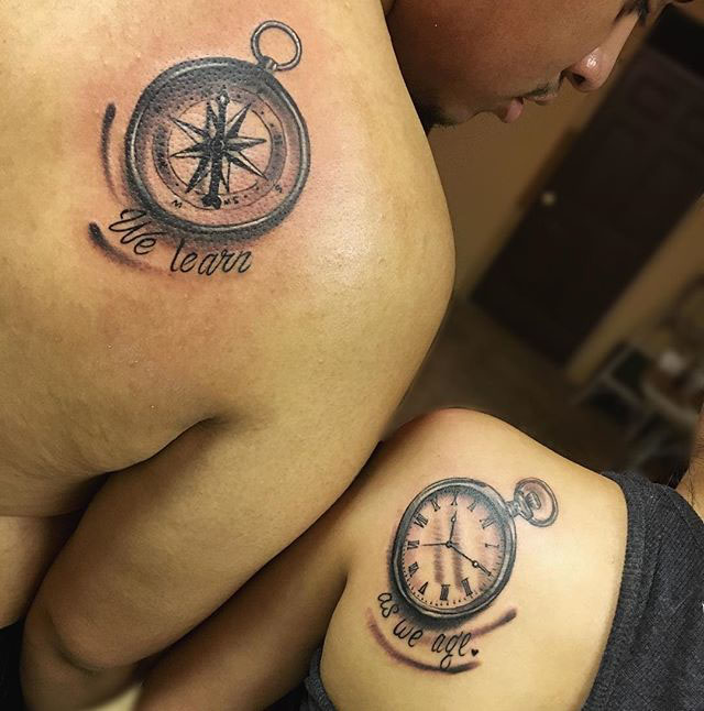 compass and watch couple tattoos