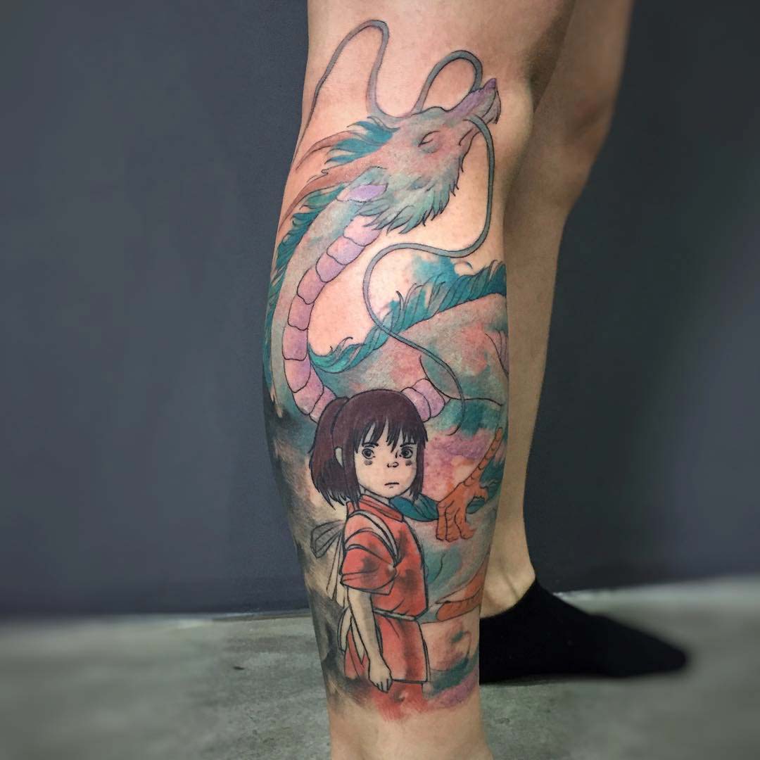 watercolor tattoo anime on leg