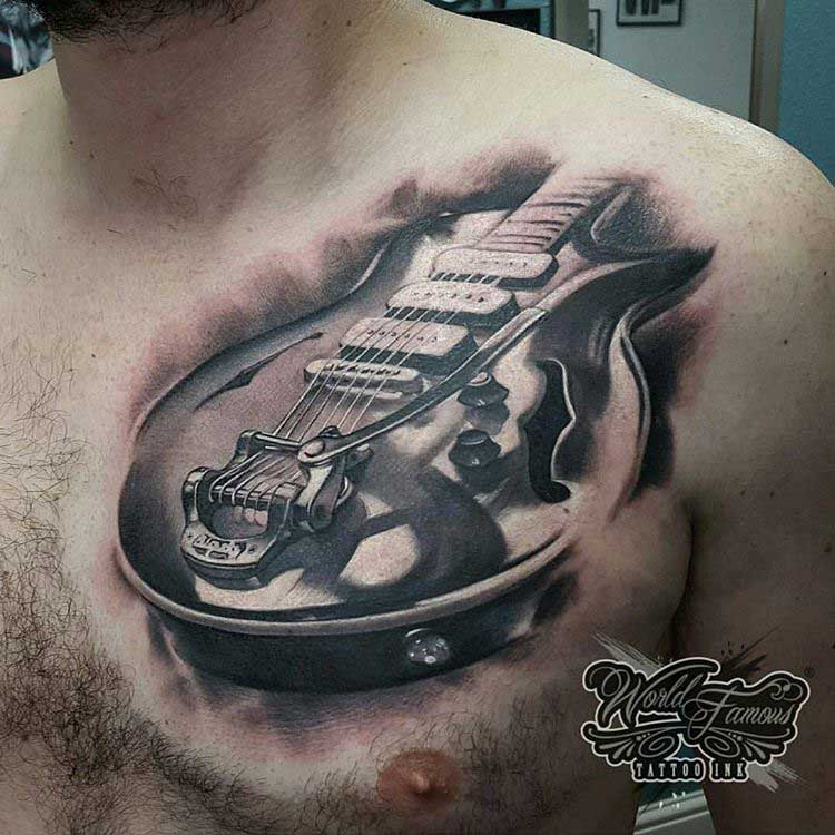 3D Les Paul Guitar Tattoo on chest
