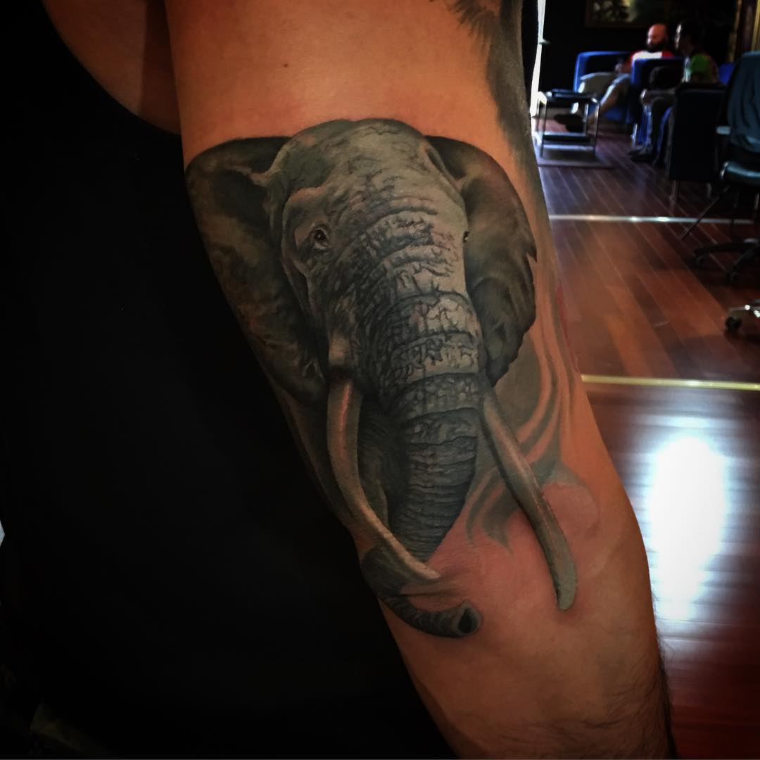 Elephant Tattoo on Elbow by bigdtattoo