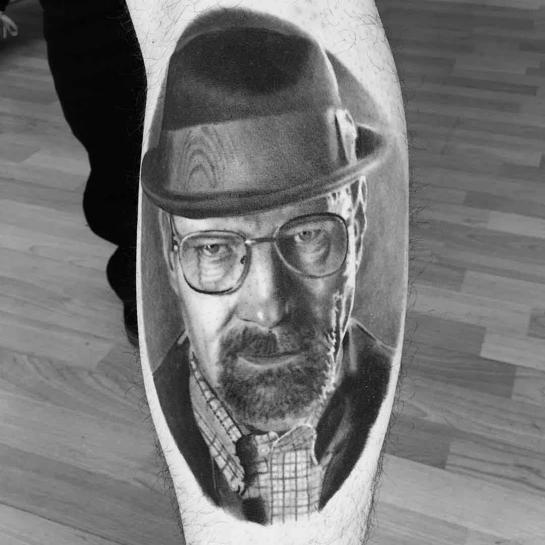 Heisenberg Portrait Tattoo on Calf by kinaturnertattoos