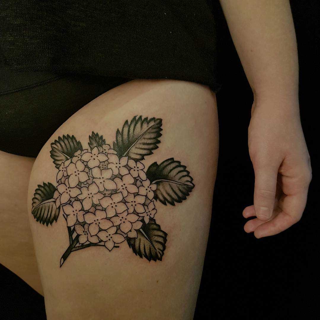 thigh flower tattoo hydrangea
