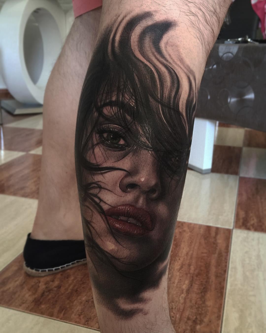 leg tattoo realistic portrait