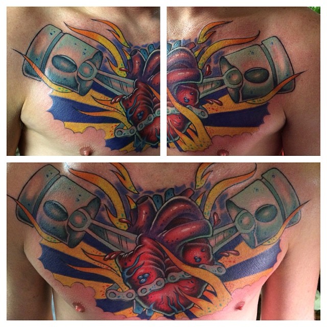Pistons Heart Tattoo on Chest by eastmainink