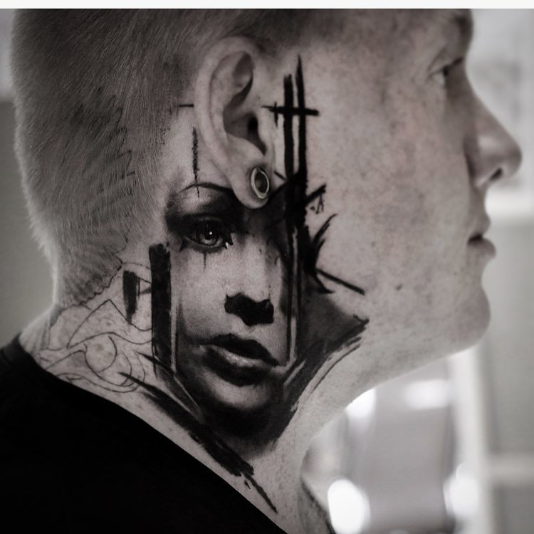 girl face neck side tattoo