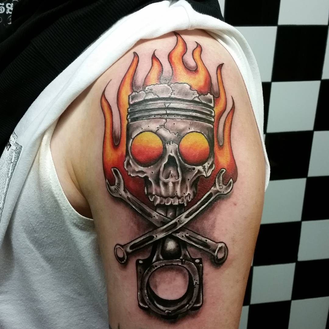 Skull and Piston Tattoo by glen_andreozzi_tattoo