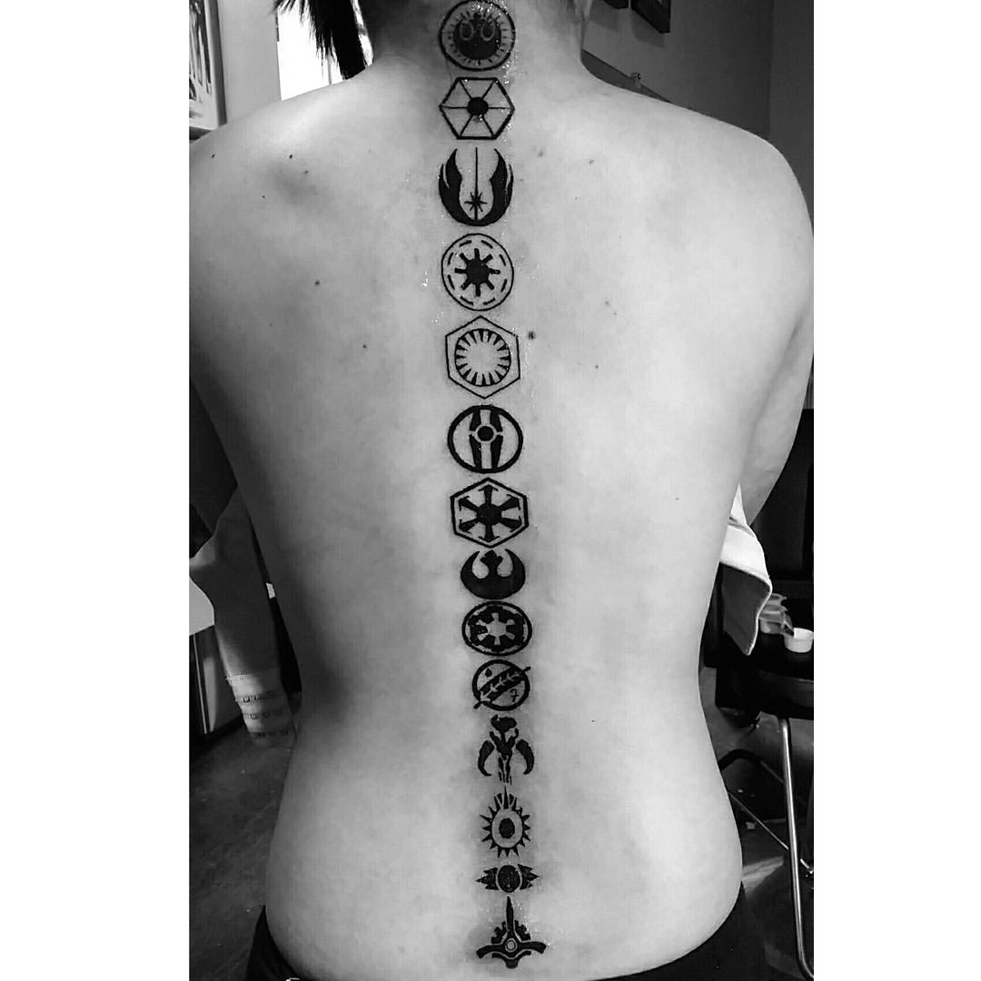 Star Wars Emblems Tattoos Down Spine by paigeelisetattoos