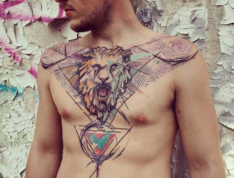 big cool lion chest tattoo