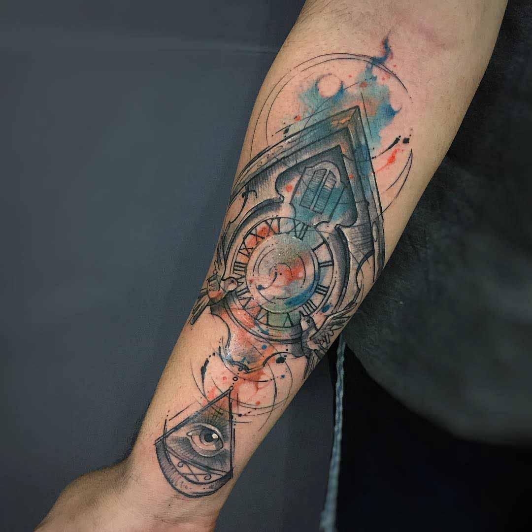 forearm clock tattoo watercolor