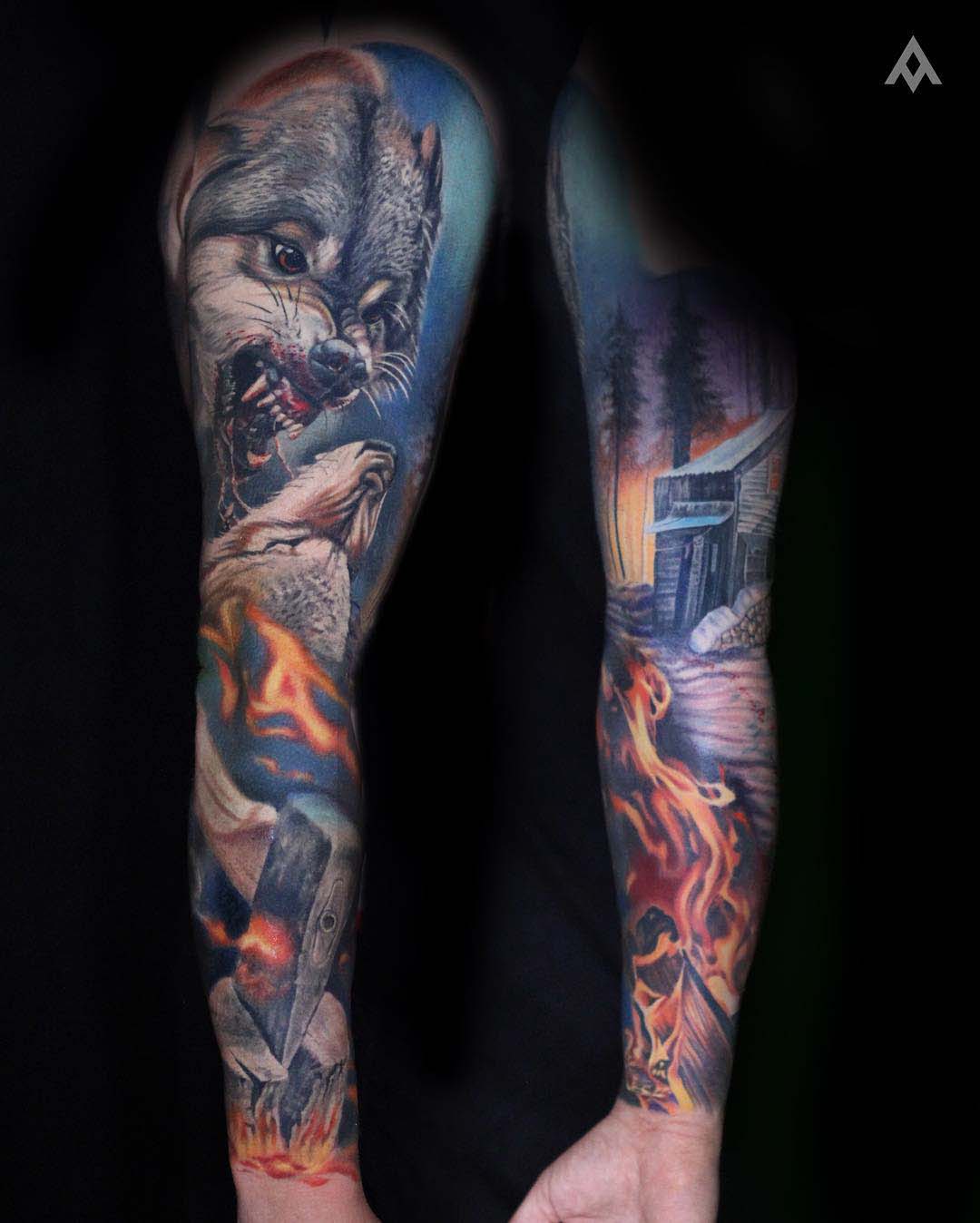 realistic wolves sleeve tattoo