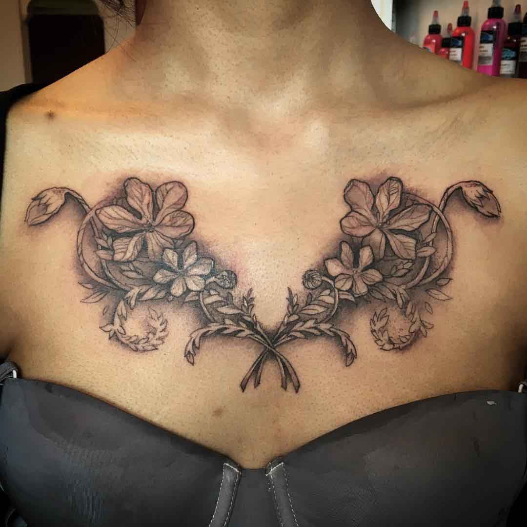 Scottish Flowers Tattoo on Chest by Claire Hamill