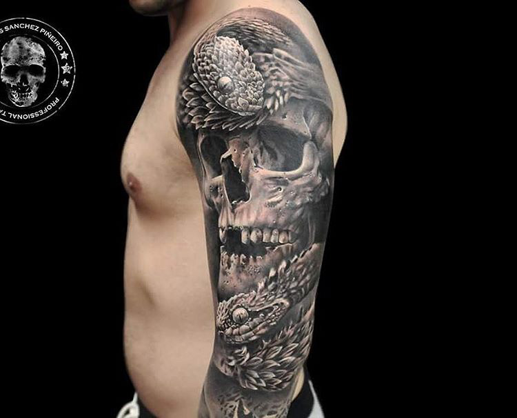 skull tattoo sleeve and snakes