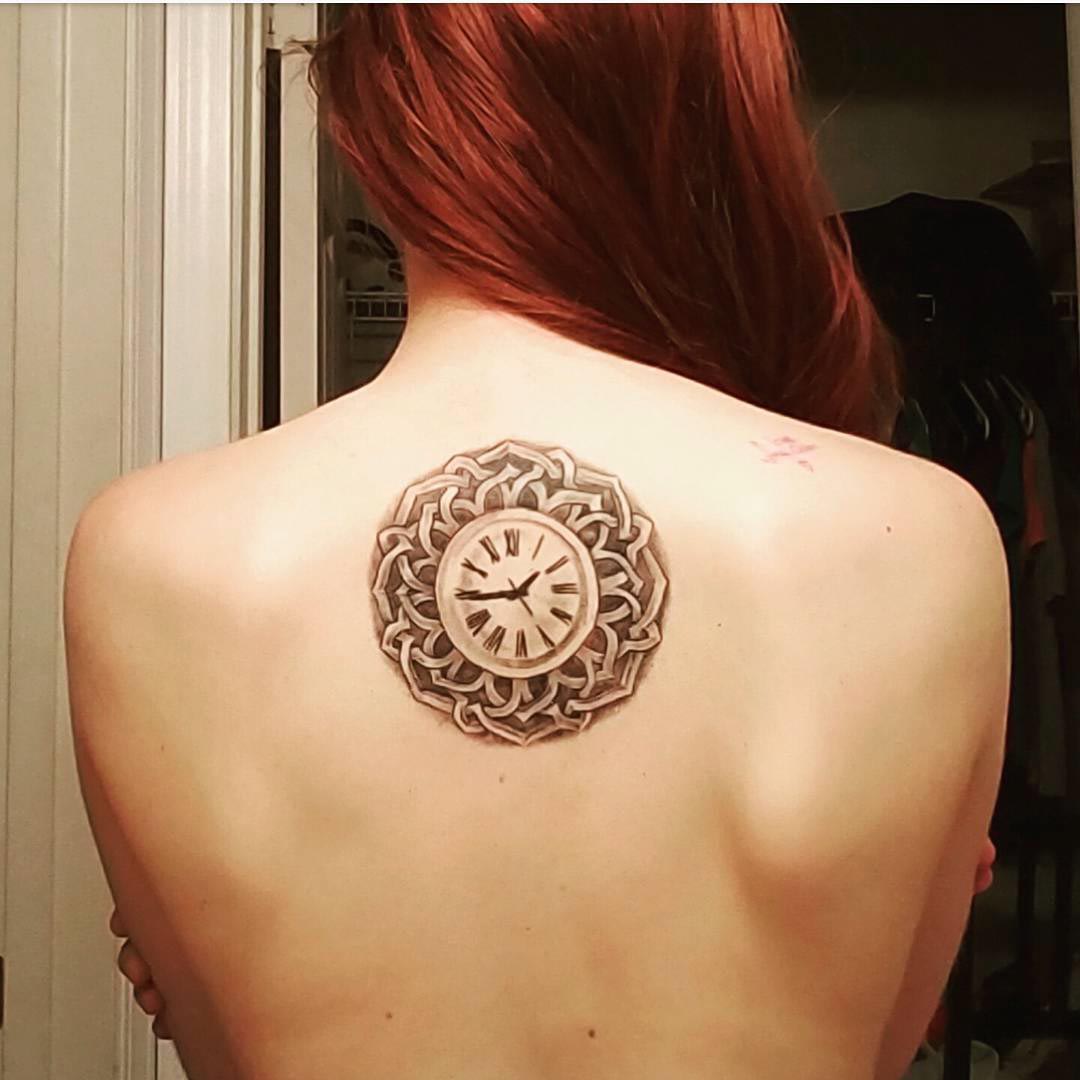 Celtic Themed Clock Tattoo on Back