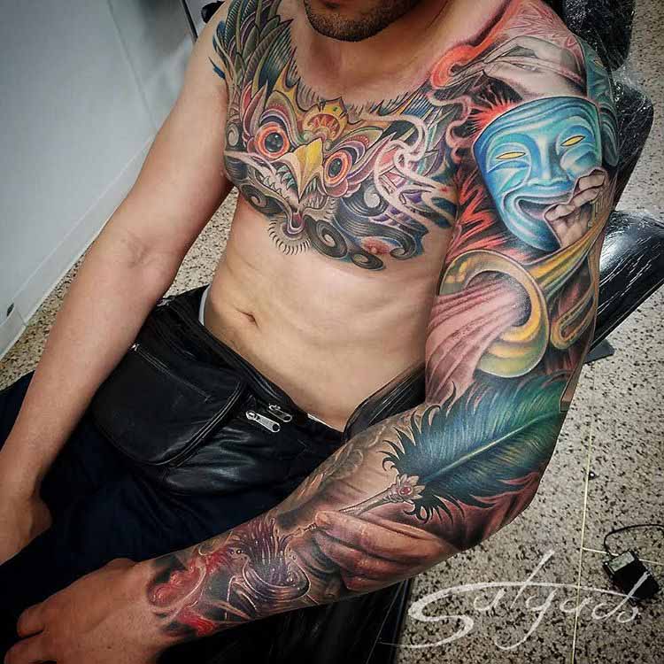tattoo sleeve to chest art themed