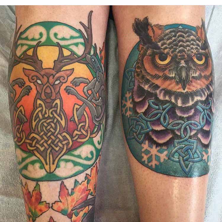 Deer and Owl Celtic Tattoos by Scottie DeVille