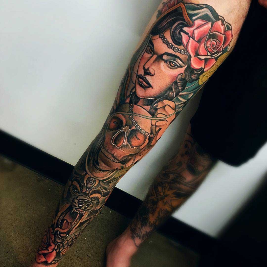 leg tattoo sleeve gypsy woman