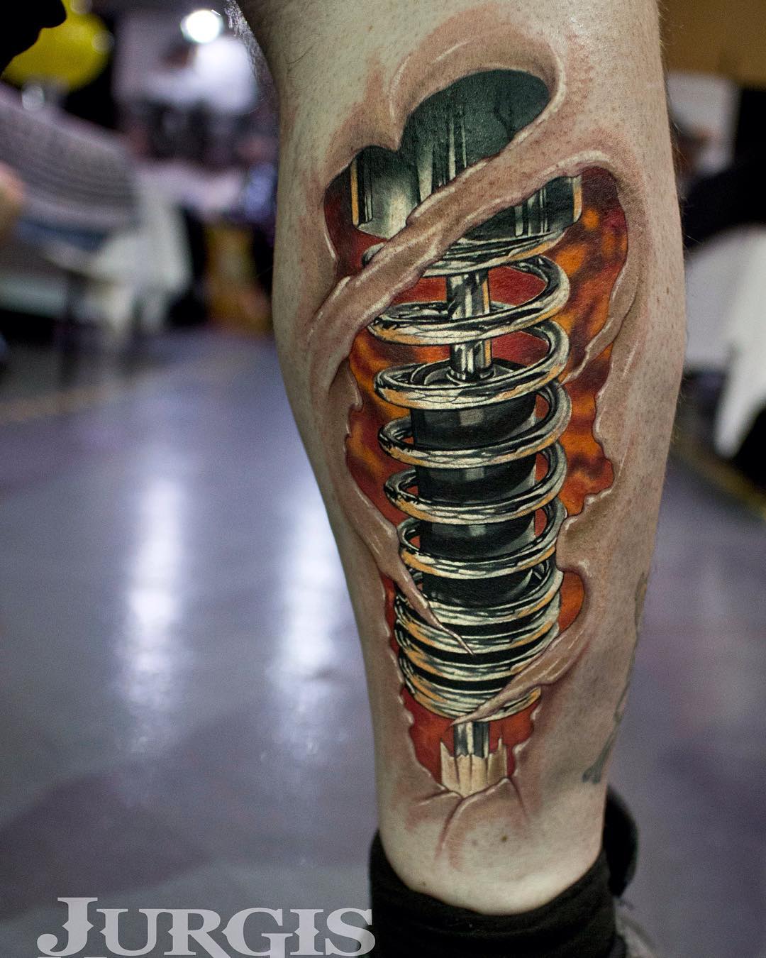 cool piston tattoo on leg by Jurgis Mikalauskas
