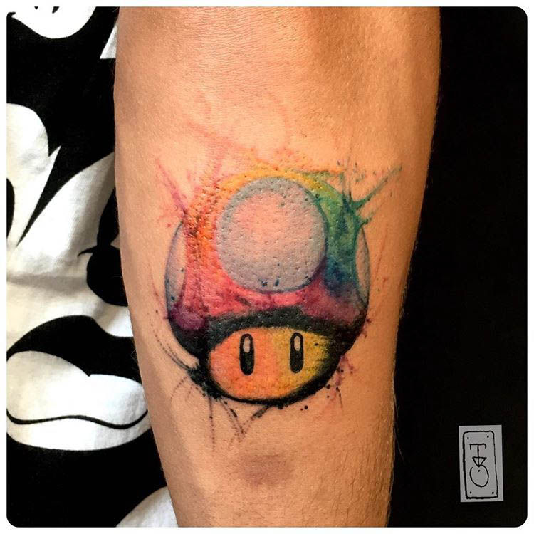 mushroom tattoo super mario watercolor style