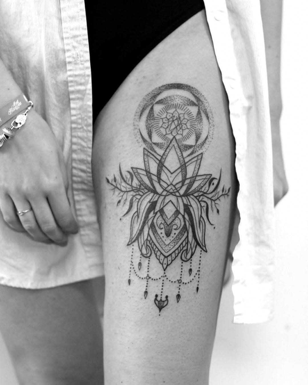 thigh lotus tattoo dotwork