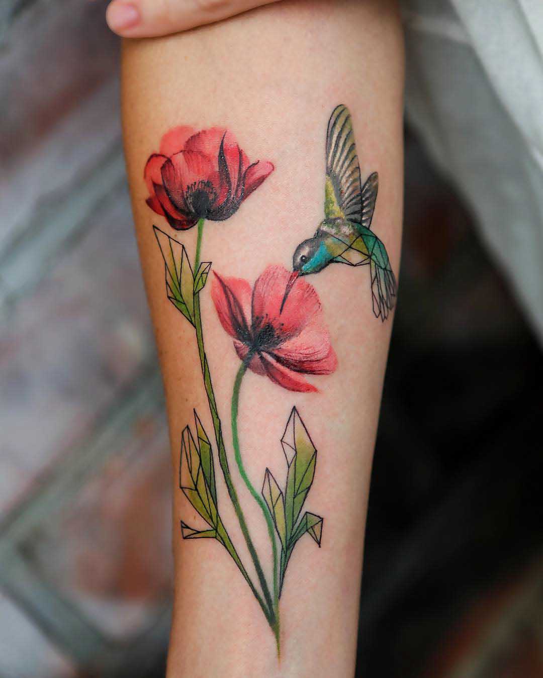 flowers poppy and hummingbird tattoo