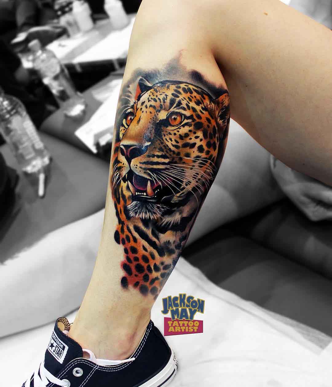 calf leopard tattoo realistic