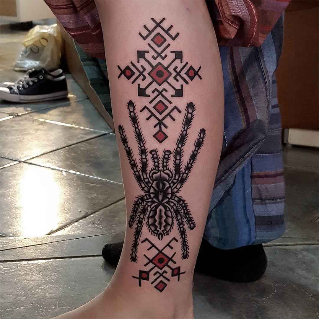 side calf tattoo tarantula geometry