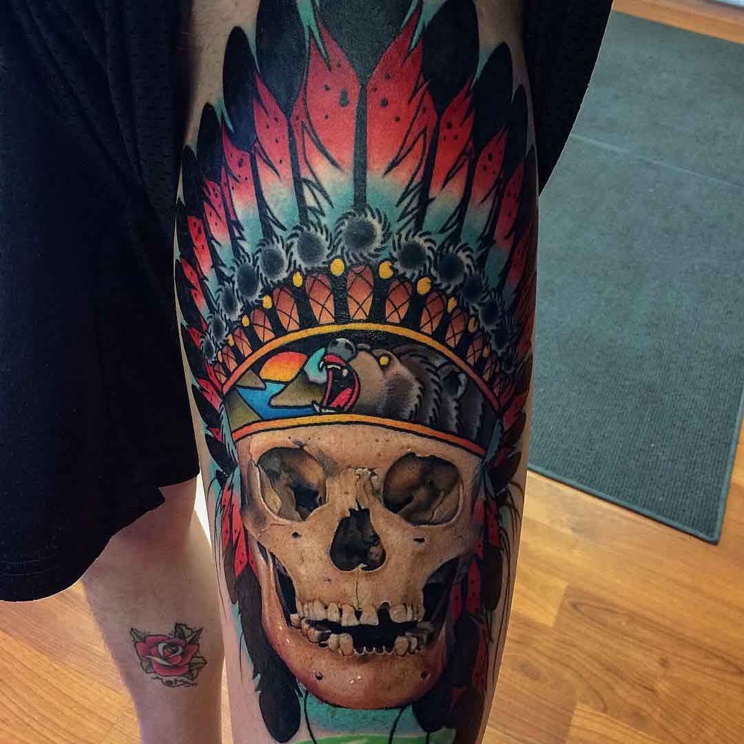skull tattoo indian neo-traditional