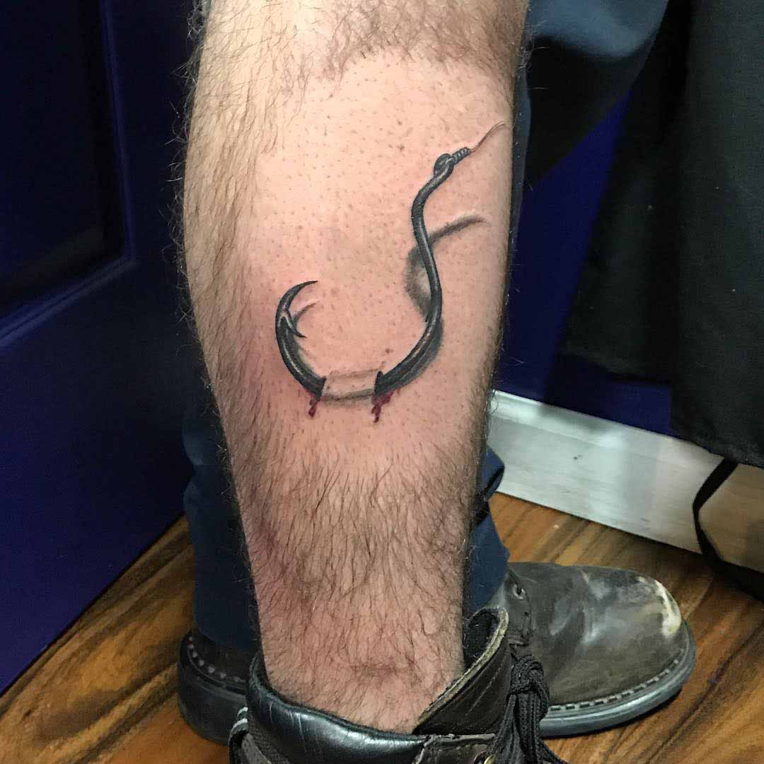 3d tattoo on leg fishing hook