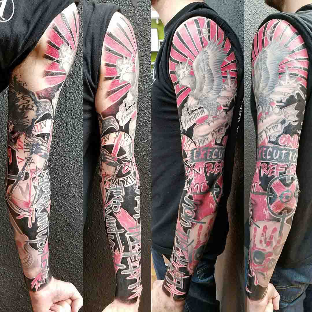trash polka full sleeve tattoo