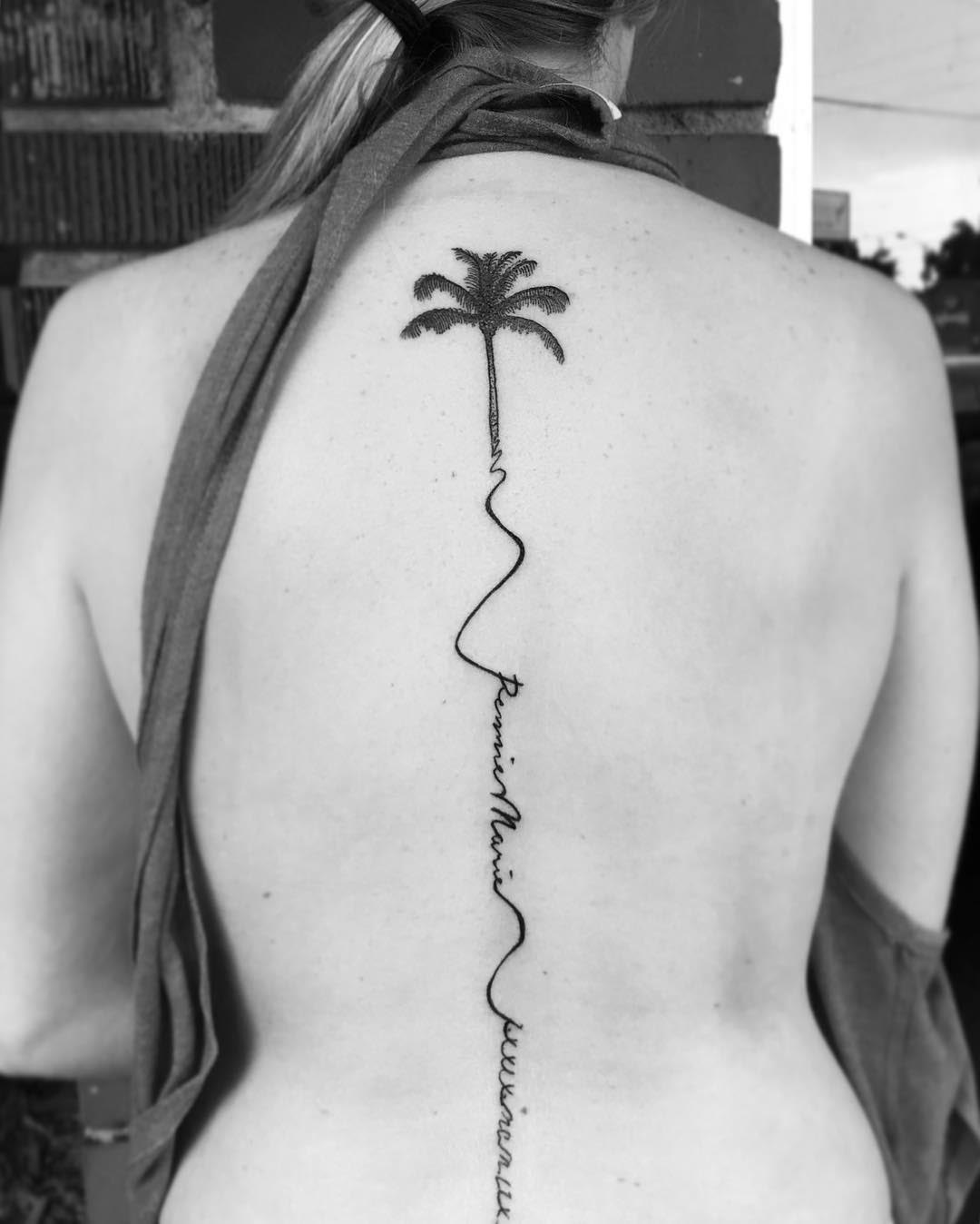 spine tattoo lettering palm tree