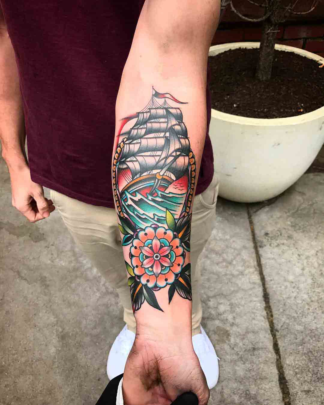 nautical tattoo ship on arm traditional