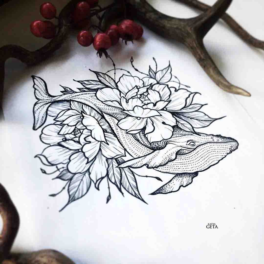 whale tattoo design with flowers