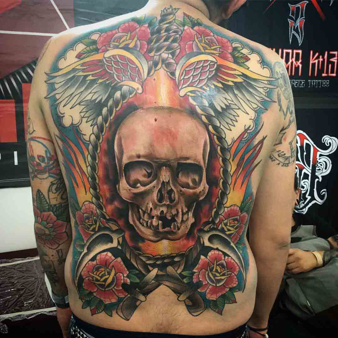 full back traditional tattoo skull