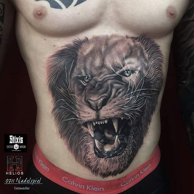 stomach tattoo lion realistic