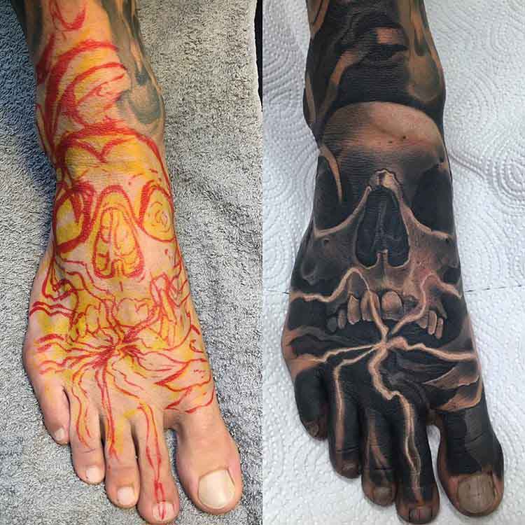 black and grey skull tattoo on foot
