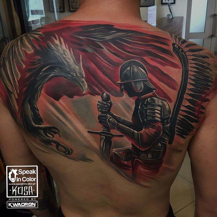 phoenix and knoght tattoo on back big
